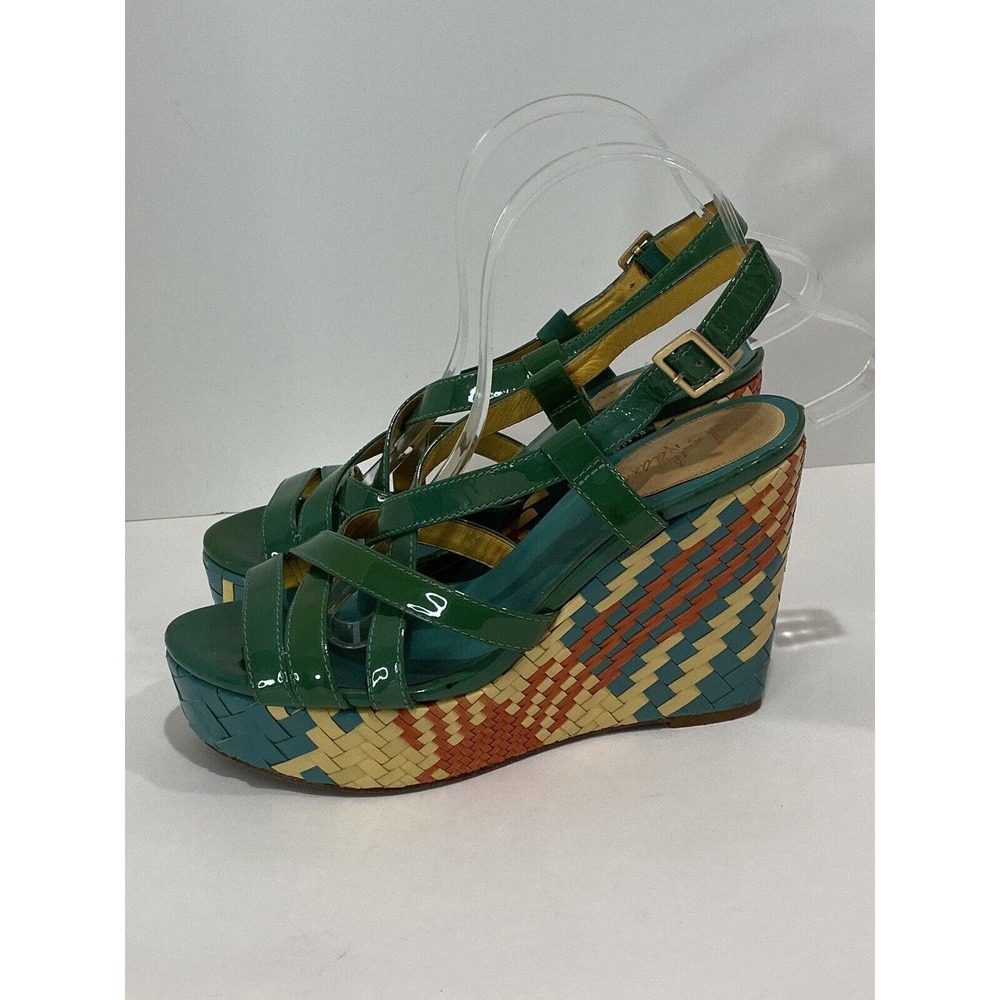Green Woven-Detail Wedge Sandals